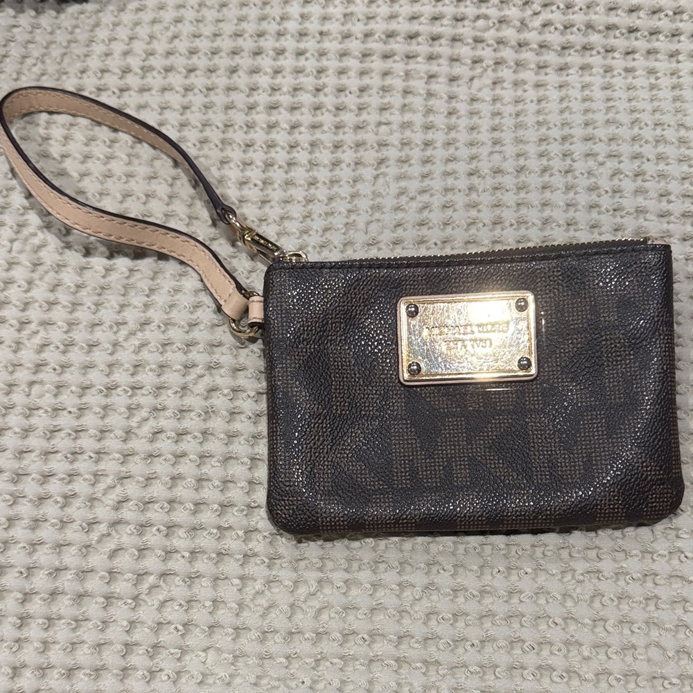 MICHAEL Michael Kors Dark Brown Monogram Wristlet with Beige Strap